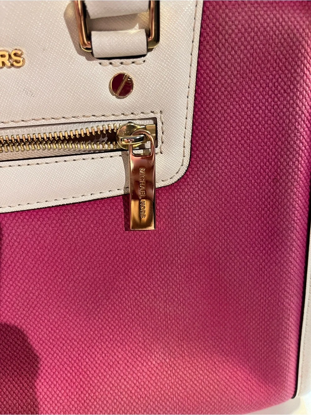 Michael Kors Pink Canvas White Leather Trim Satchel Bag